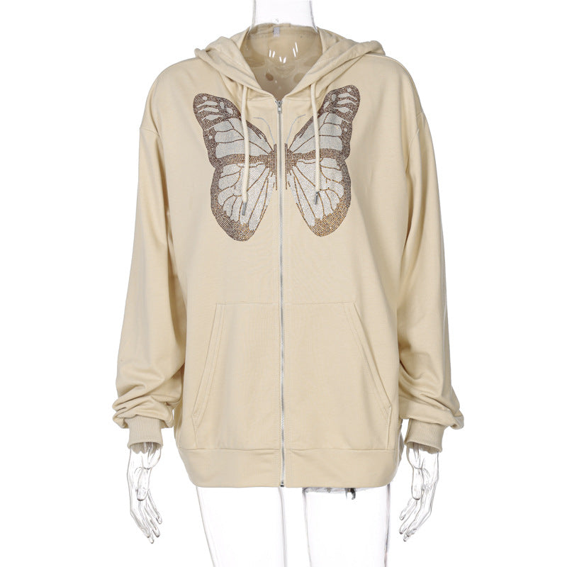 Women's Black & Grey Graphic Butterfly Long Sleeve Zip Hoodie - Image 7