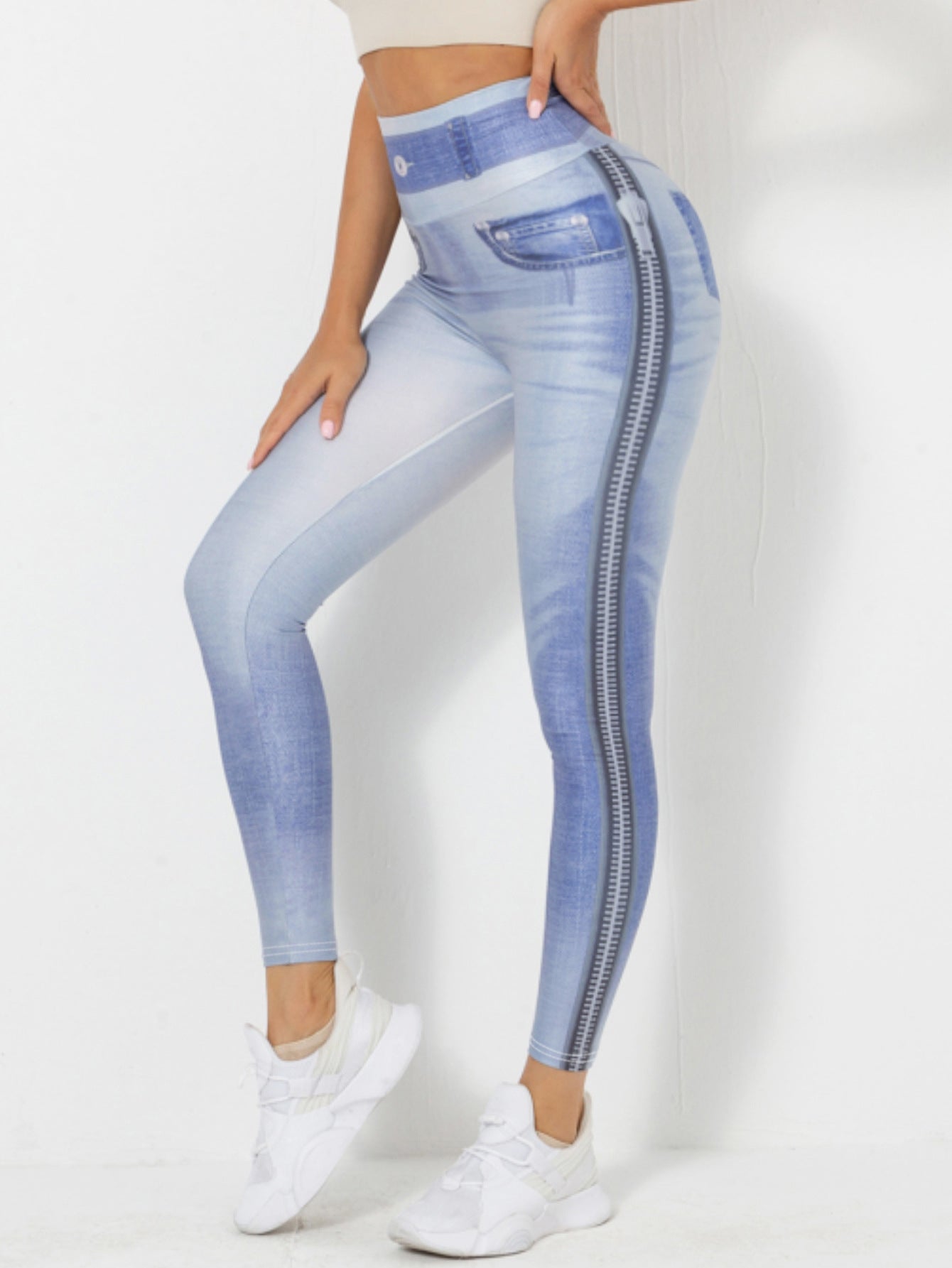 Women wearing blue slim-fit yoga leggings designed for fitness and bodybuilding workouts