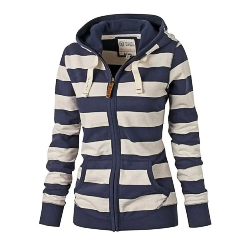 Women's Black and White Striped Zip-Up Hoodie Sweatshirt - Image 12