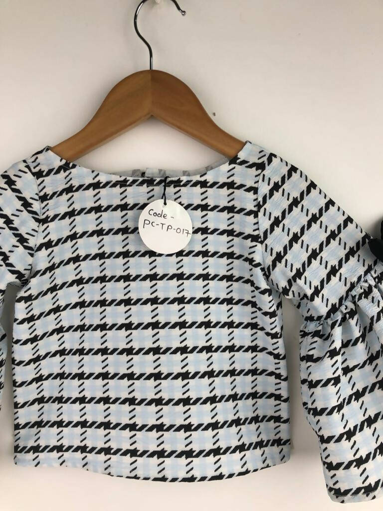 Black and White Box Printed Top with Bell Sleeves and Bow Detail