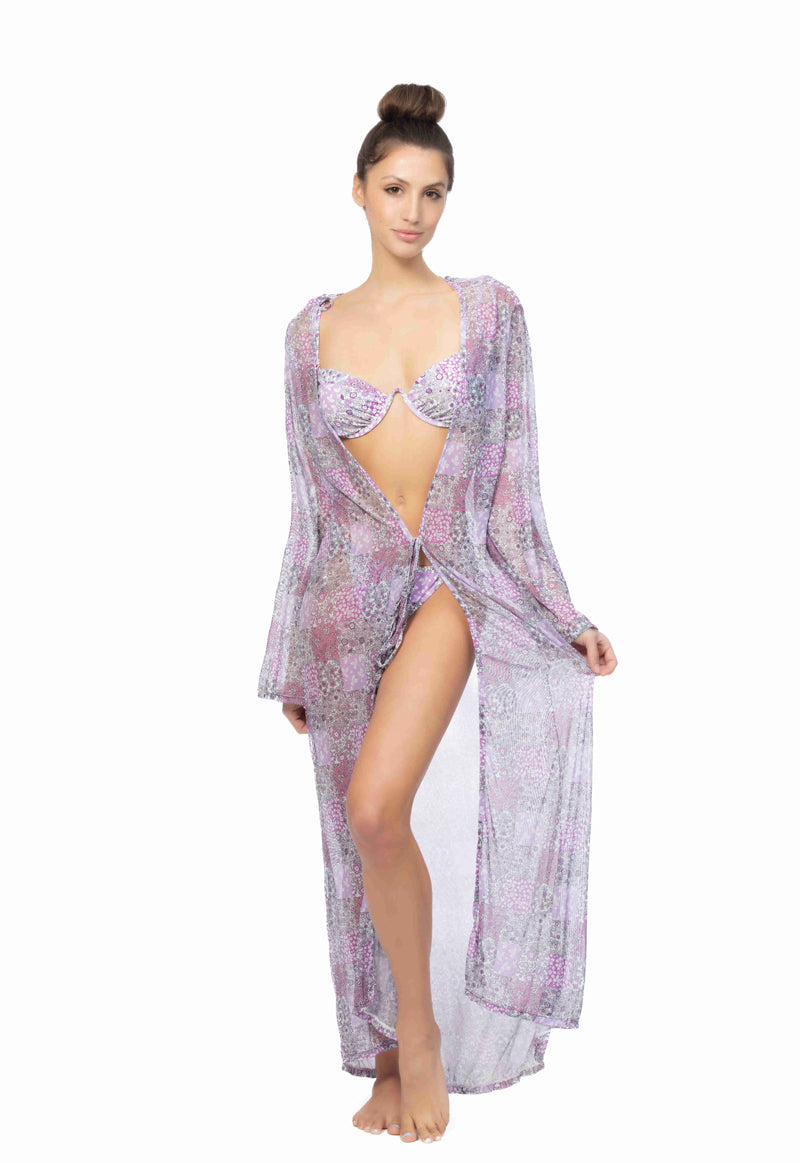 Patchwork Print Mesh Long Sleeve Kimono Maxi Beach Cover Up