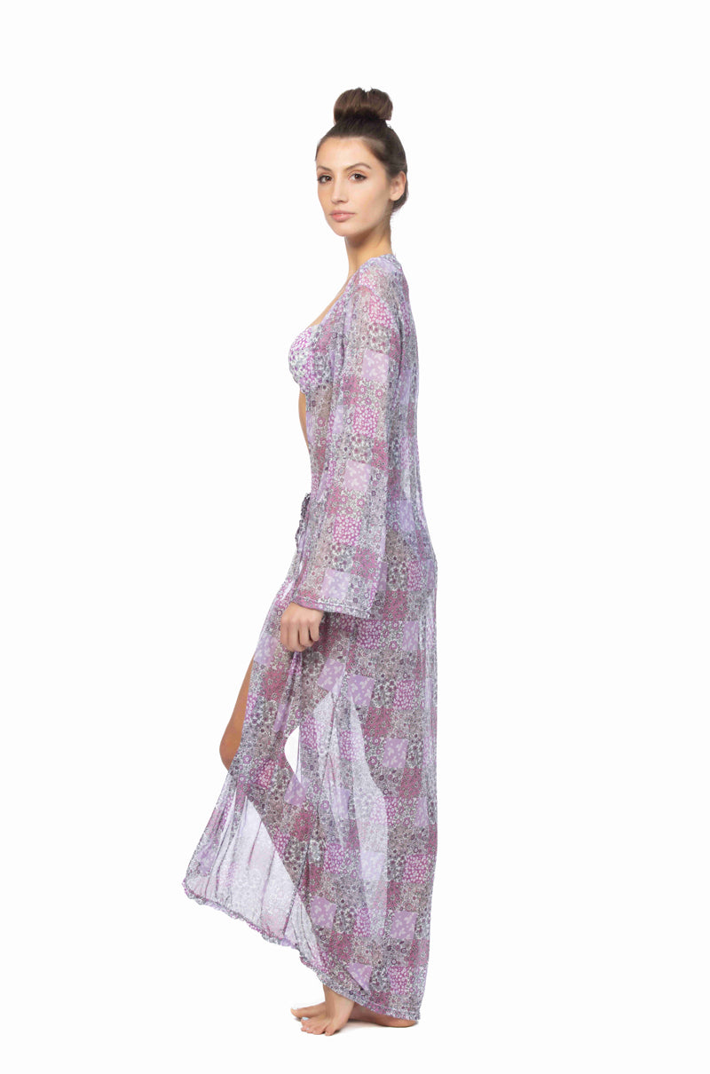 Patchwork Print Mesh Long Sleeve Kimono Maxi Beach Cover Up