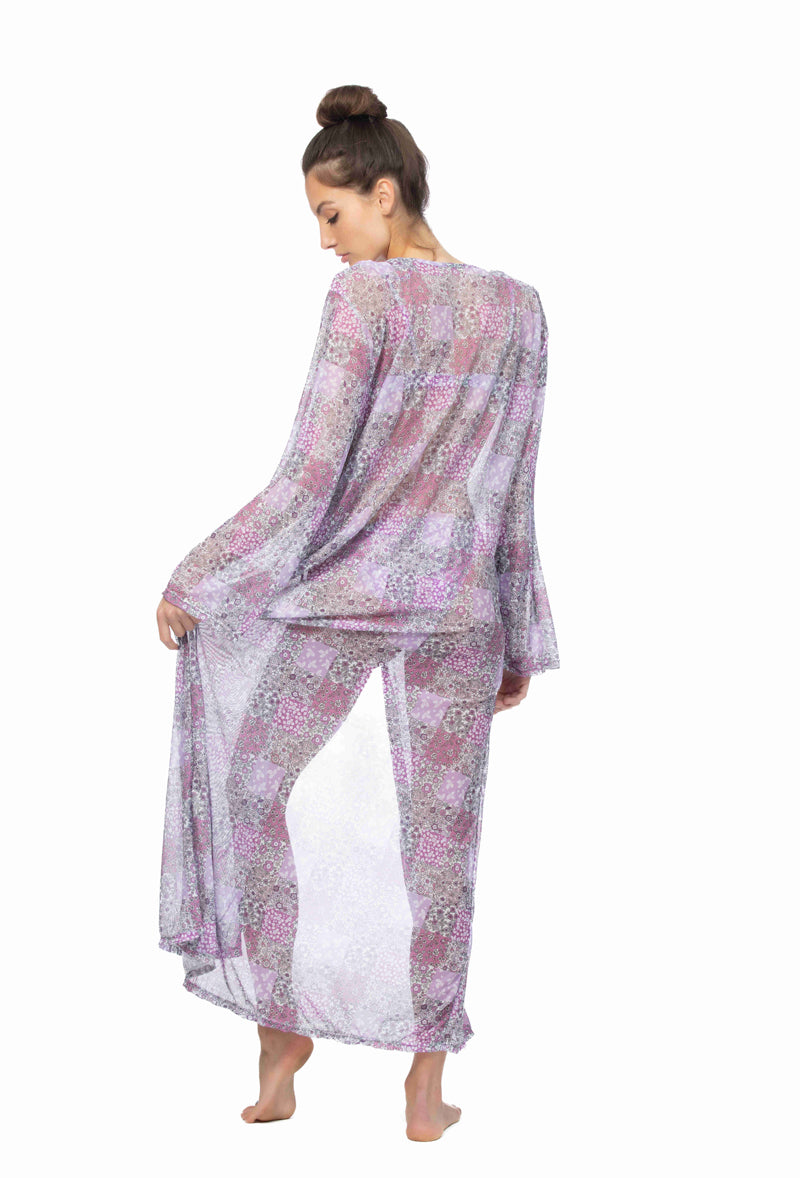 Patchwork Print Mesh Long Sleeve Kimono Maxi Beach Cover Up
