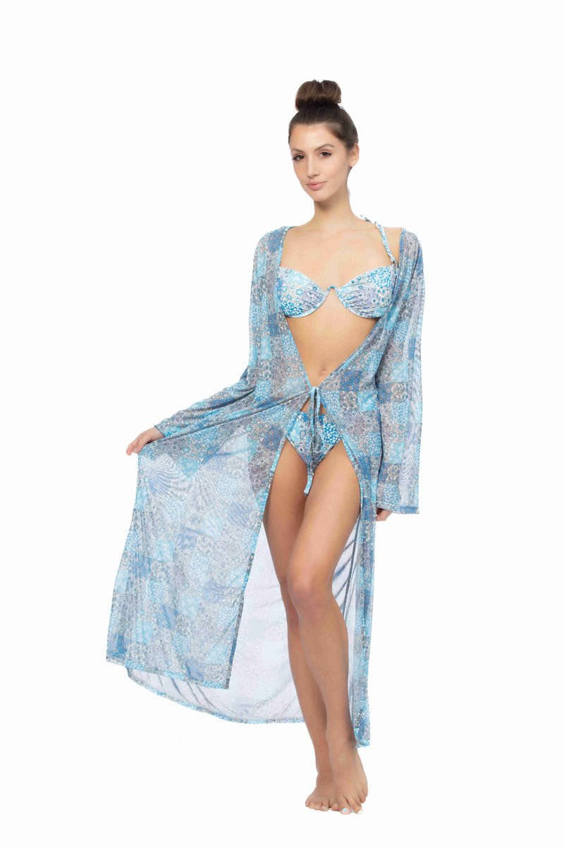 Patchwork Print Mesh Long Sleeve Kimono Maxi Beach Cover Up
