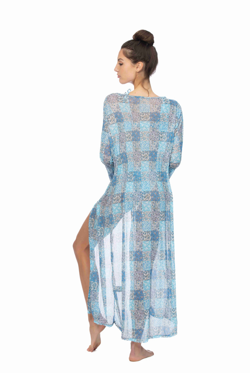 Patchwork Print Mesh Long Sleeve Kimono Maxi Beach Cover Up