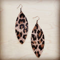 A pair of narrow oval-shaped suede leather earrings featuring a brown and black leopard print pattern.