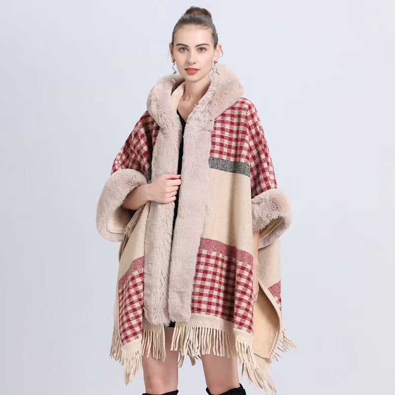 Women's Knitted Hooded Poncho with Fur Trim & Tassels for Winter