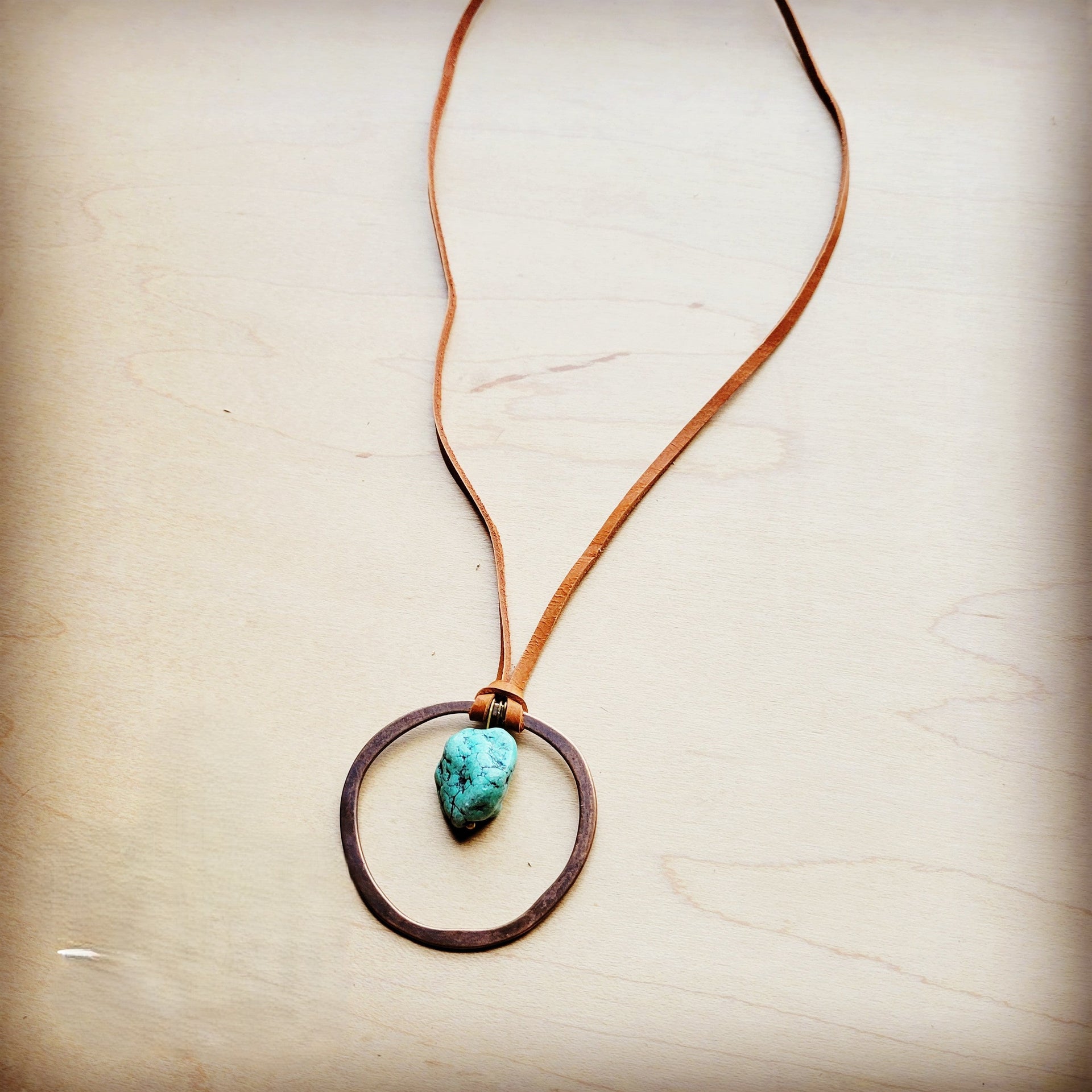 Leather Cord Necklace Antique Gold Hoop & Natural Turquoise  254v