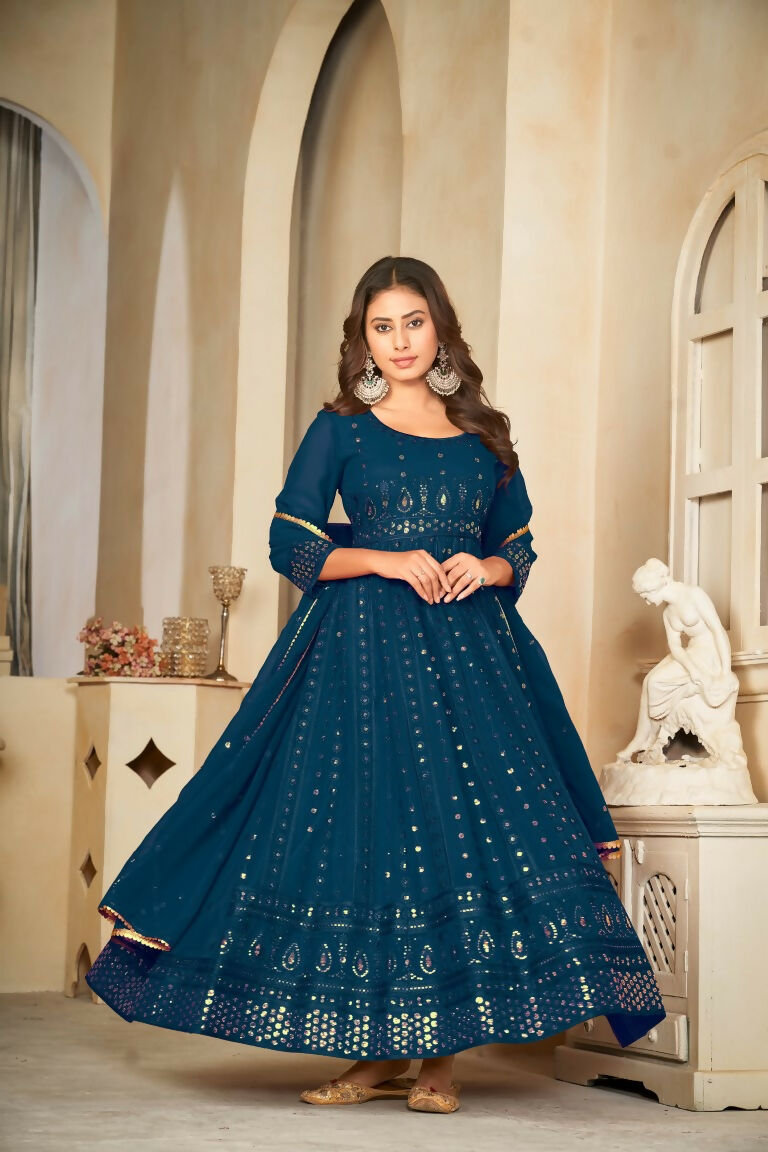 Women's Rama Georgette Embroidered Anarkali Kurta Set