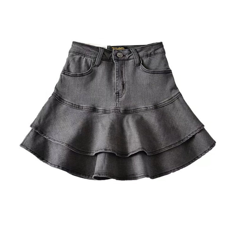 High Waisted Tiered Denim Mini Skirt with Ruffle Hem - Image 7