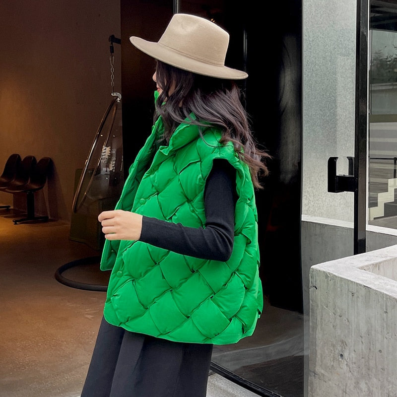 Woven Pattern Green & Black Quilted Puffer Vest Harajuku Style - Image 7
