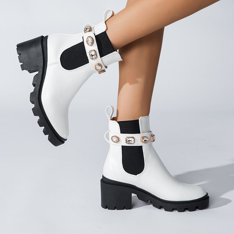 Stylish Women's Chunky Rhinestone Ankle Boots with Elastic Sides - Image 2