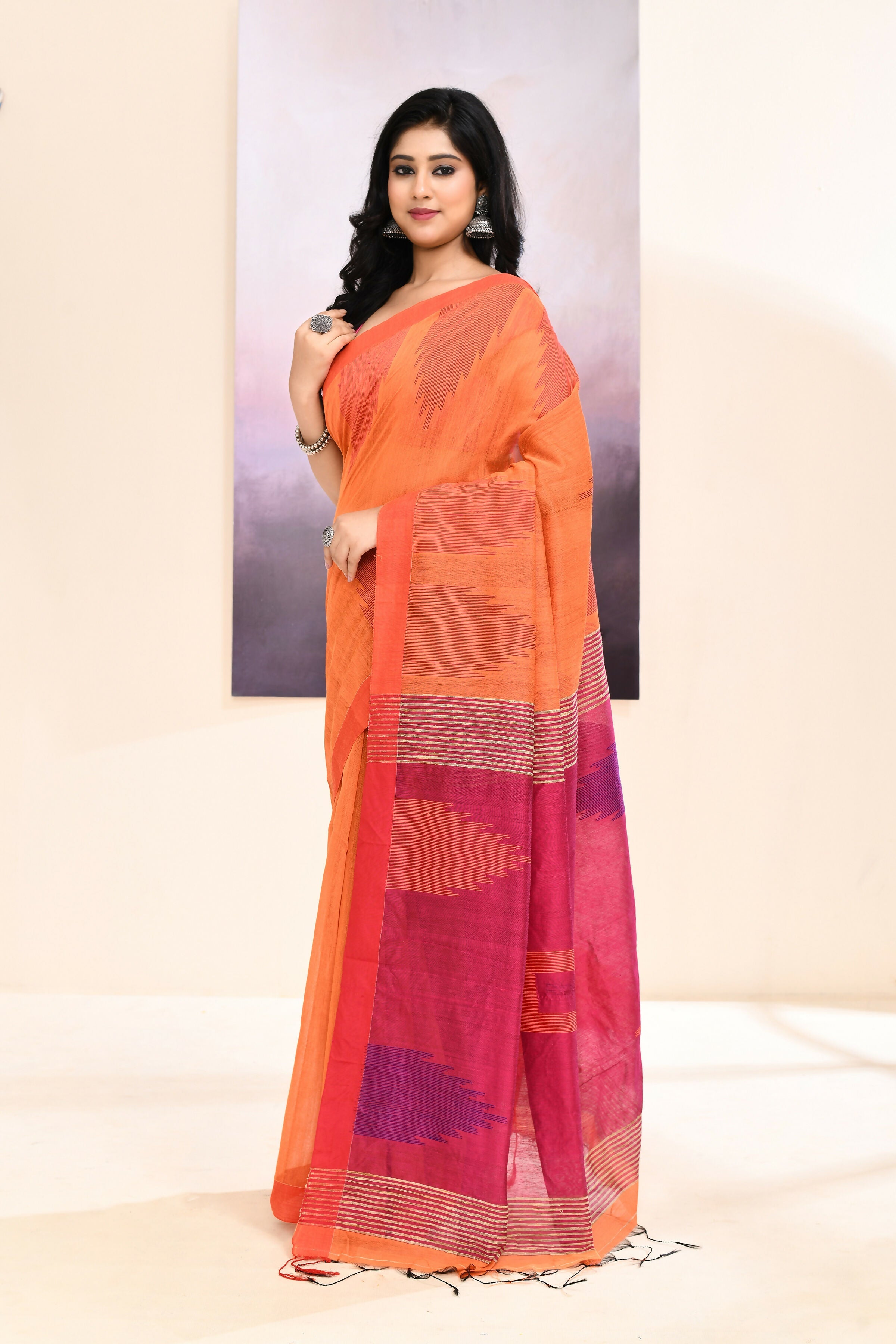 Orange Temple Border Embellished Cotton Blend Jamdani Saree