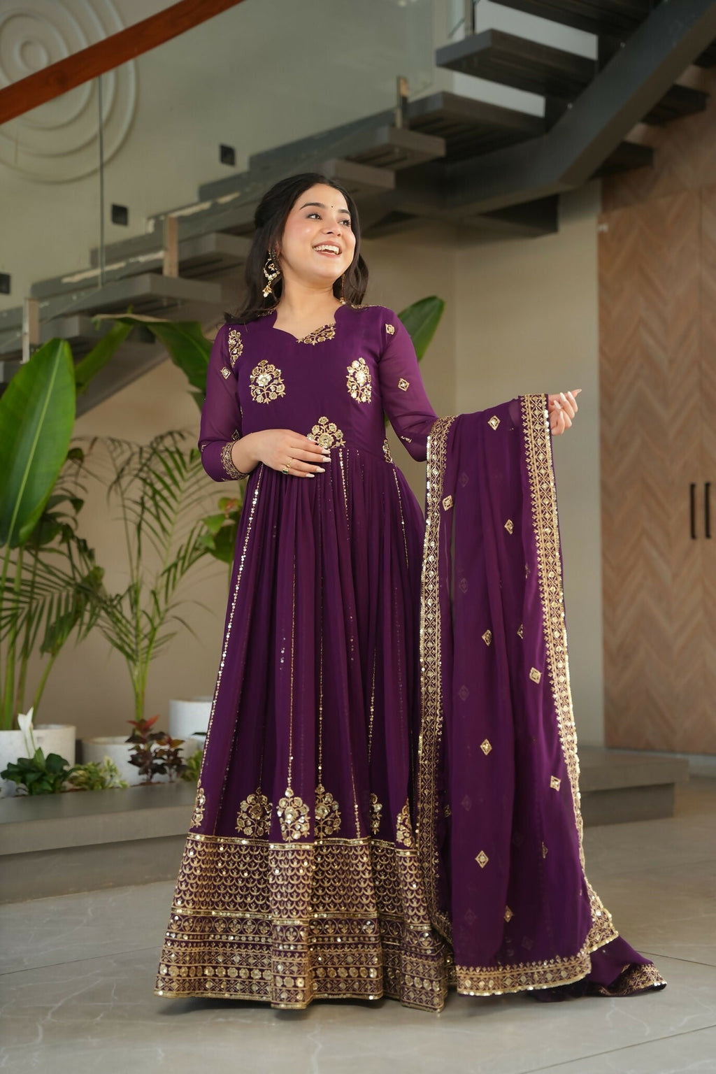 Wine Georgette Kurta Set with Detailed Sequence Embroidery