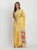 Bright yellow linen cotton saree draped for a summer look