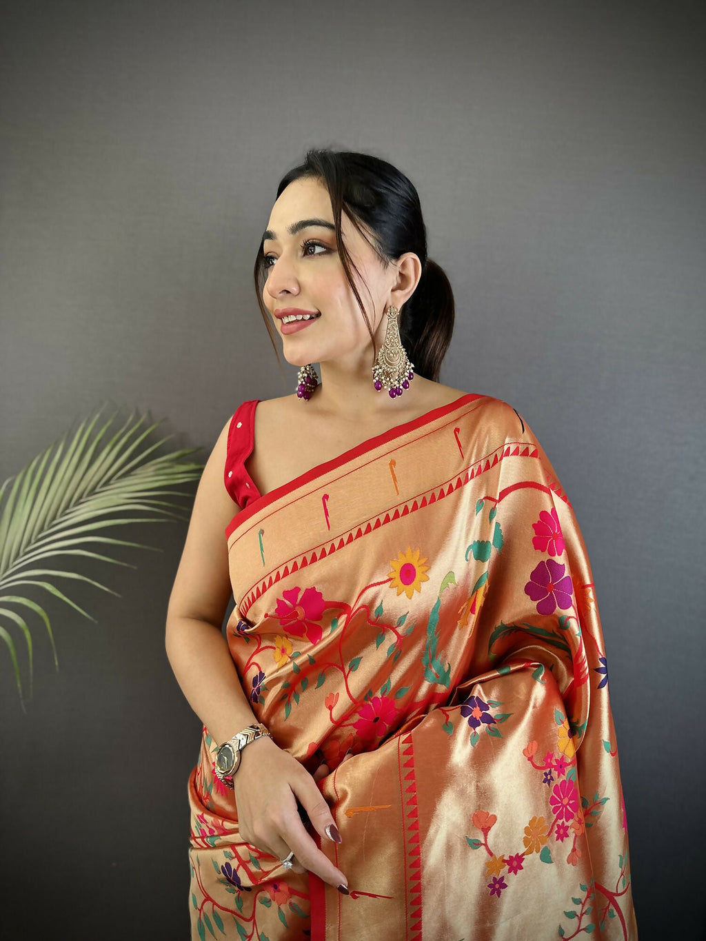 Pastel Red Floral & Bird Motif Soft Silk Paithani Saree