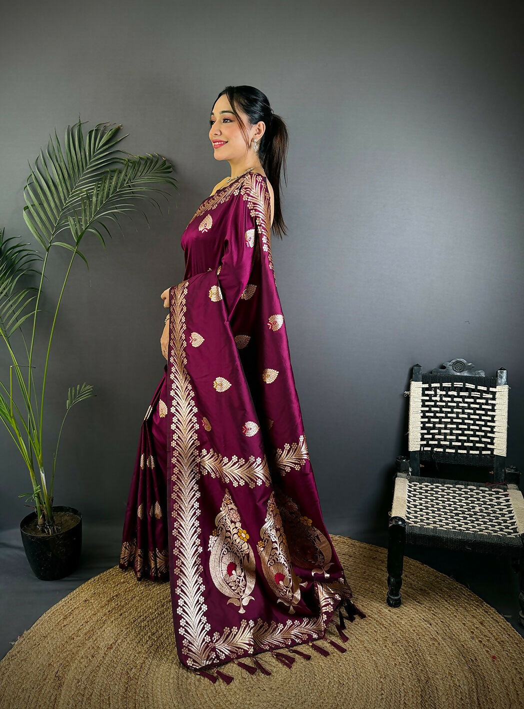 Plum Woven Soft Silk Saree with Gold Festive Detailing
