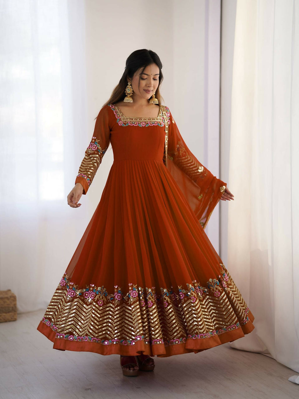 Orange Georgette Anarkali Gown with Heavy Sequence Embroidery