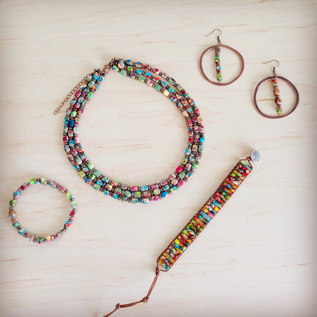Genuine Regalite and Copper Stretch Beaded Bracelet Multi 812L