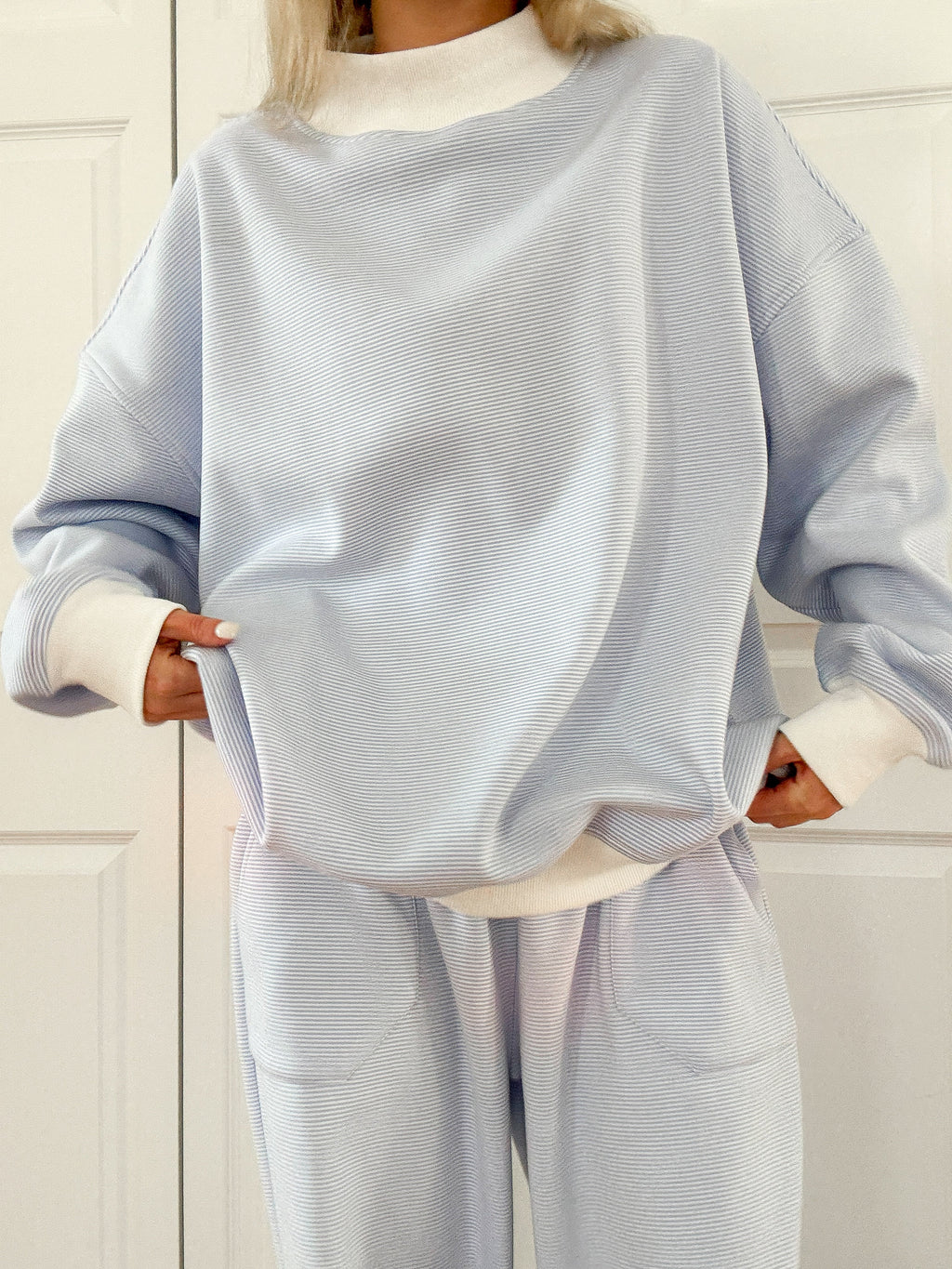 Blue and White Mini Striped Mockneck Sweatshirt Unisex