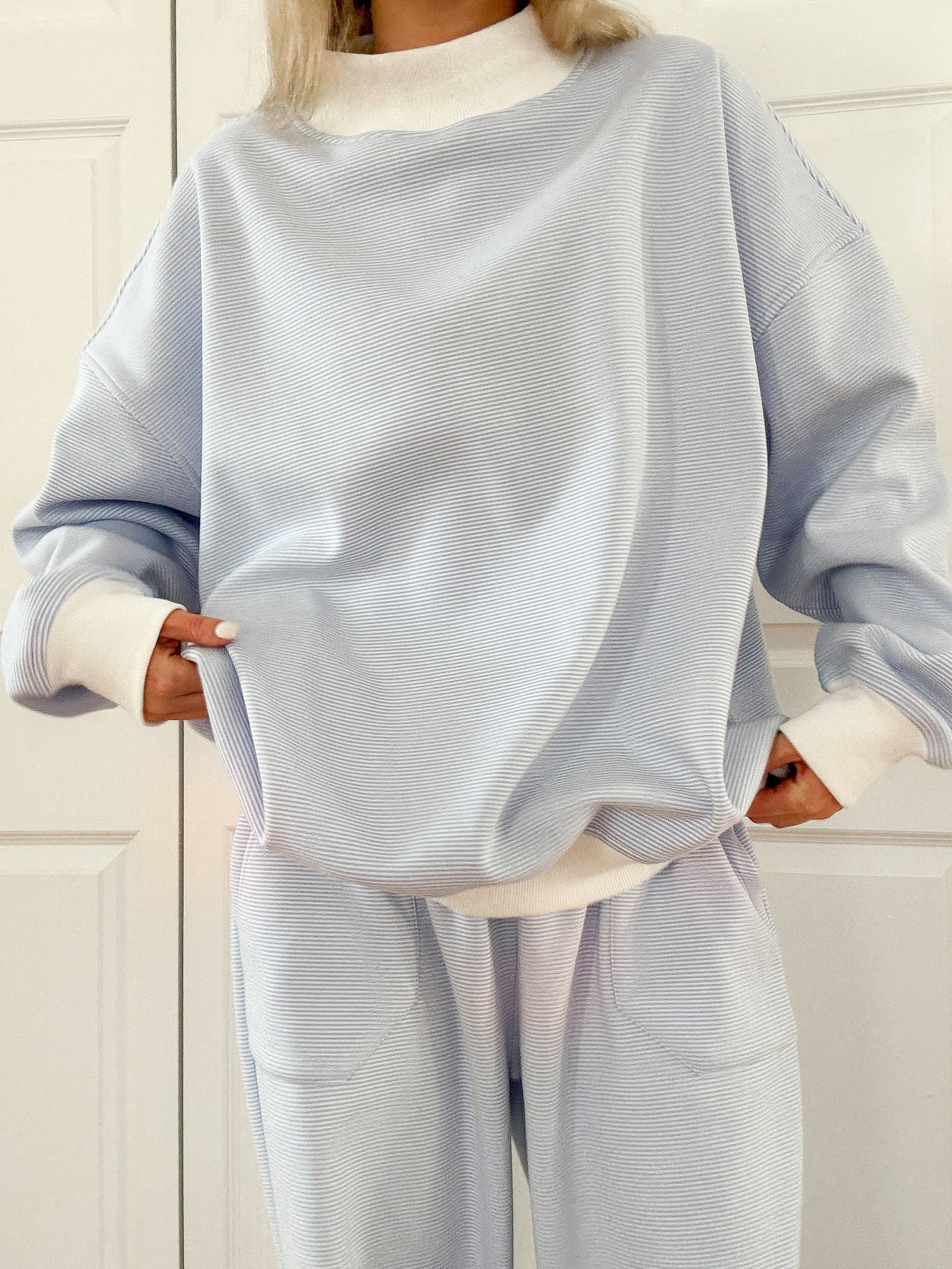Blue and White Mini Striped Mockneck Sweatshirt Unisex