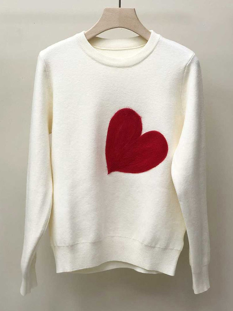 Harajuku Style Women's Black Knit Crewneck Sweater with Red Heart - Image 5