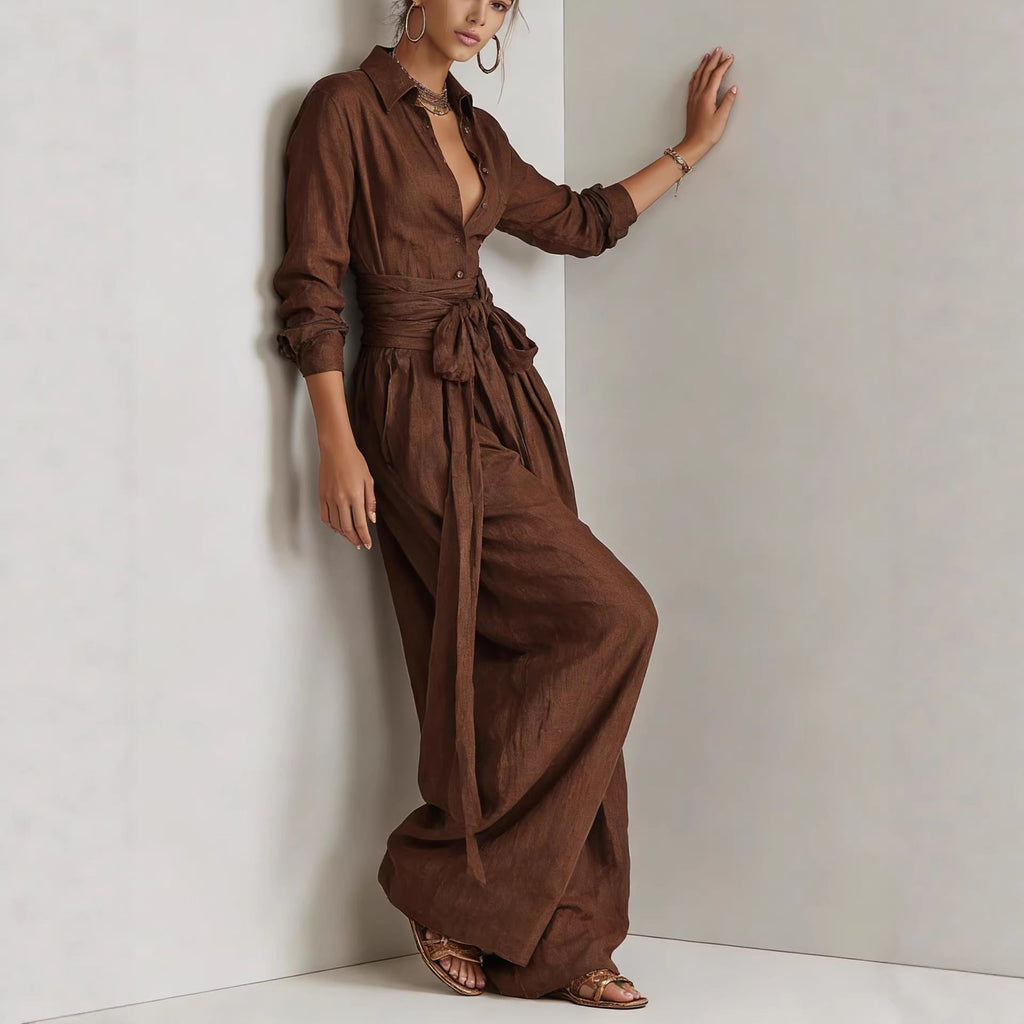 Women's Collared Long Sleeve Shirt and High-Waist Wide Leg Set - Image 4