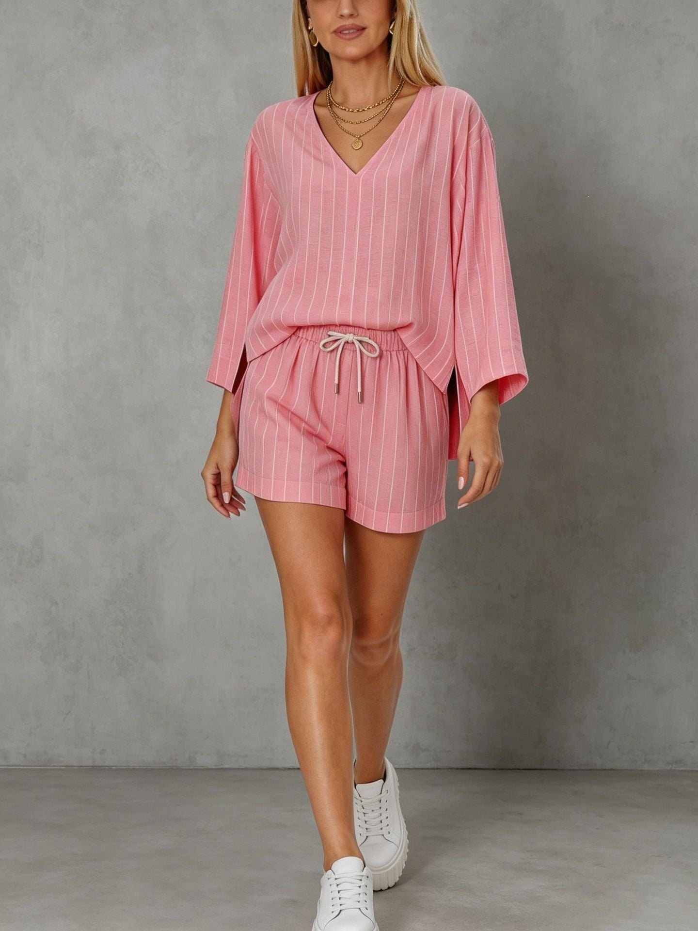 Women's Loose V-Neck Long Sleeve Striped Shorts Set Casual Lounge