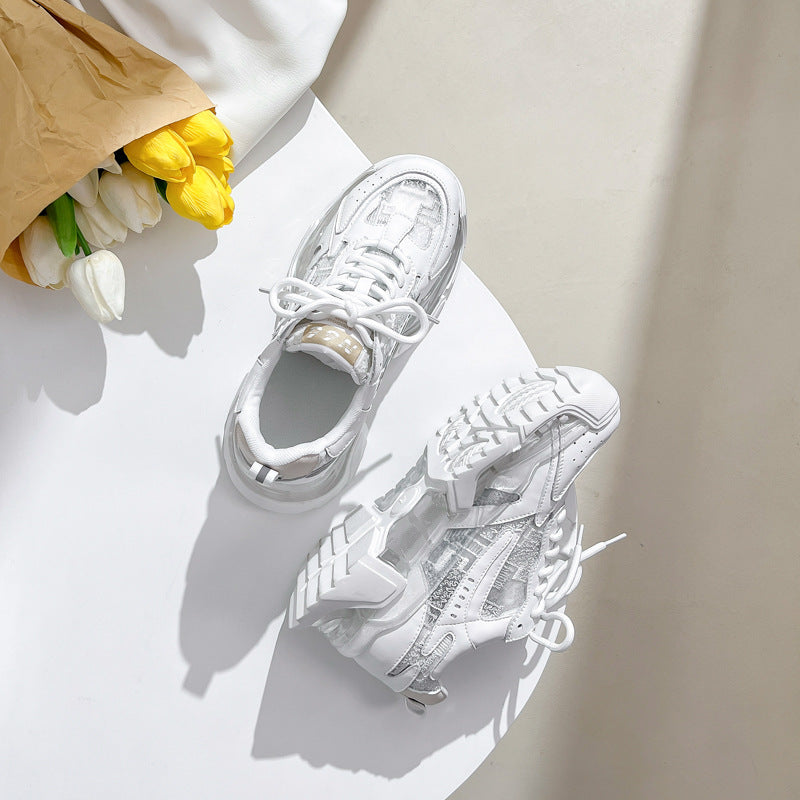 White & Blue Chunky Platform Sneakers for Women - Breathable Leather - Image 3