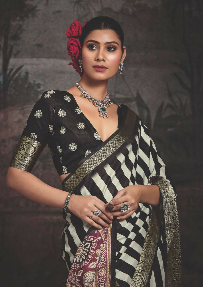 Joban Fashion Black Dola Tussar Silk Self Jacquard Border Saree