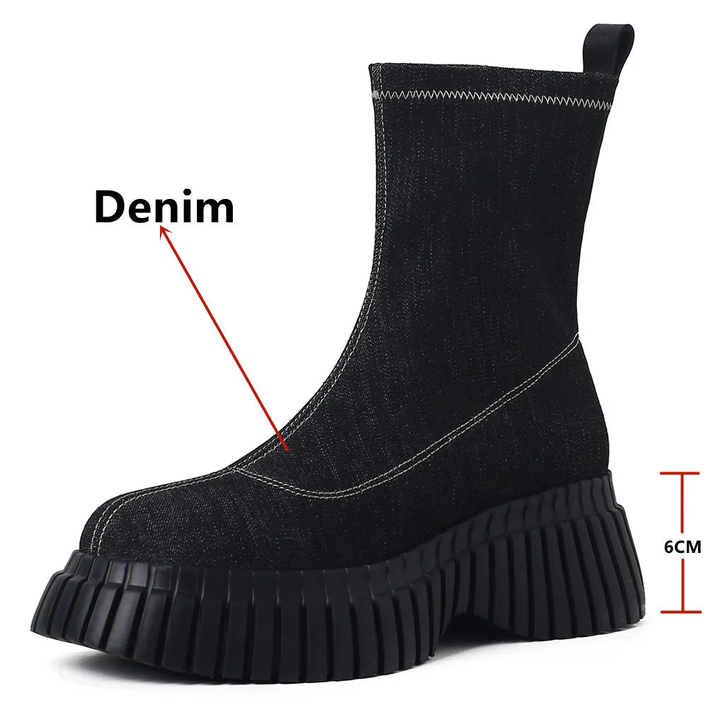Women's Metallic Silver & Black Denim Platform Ankle Boots - Image 2