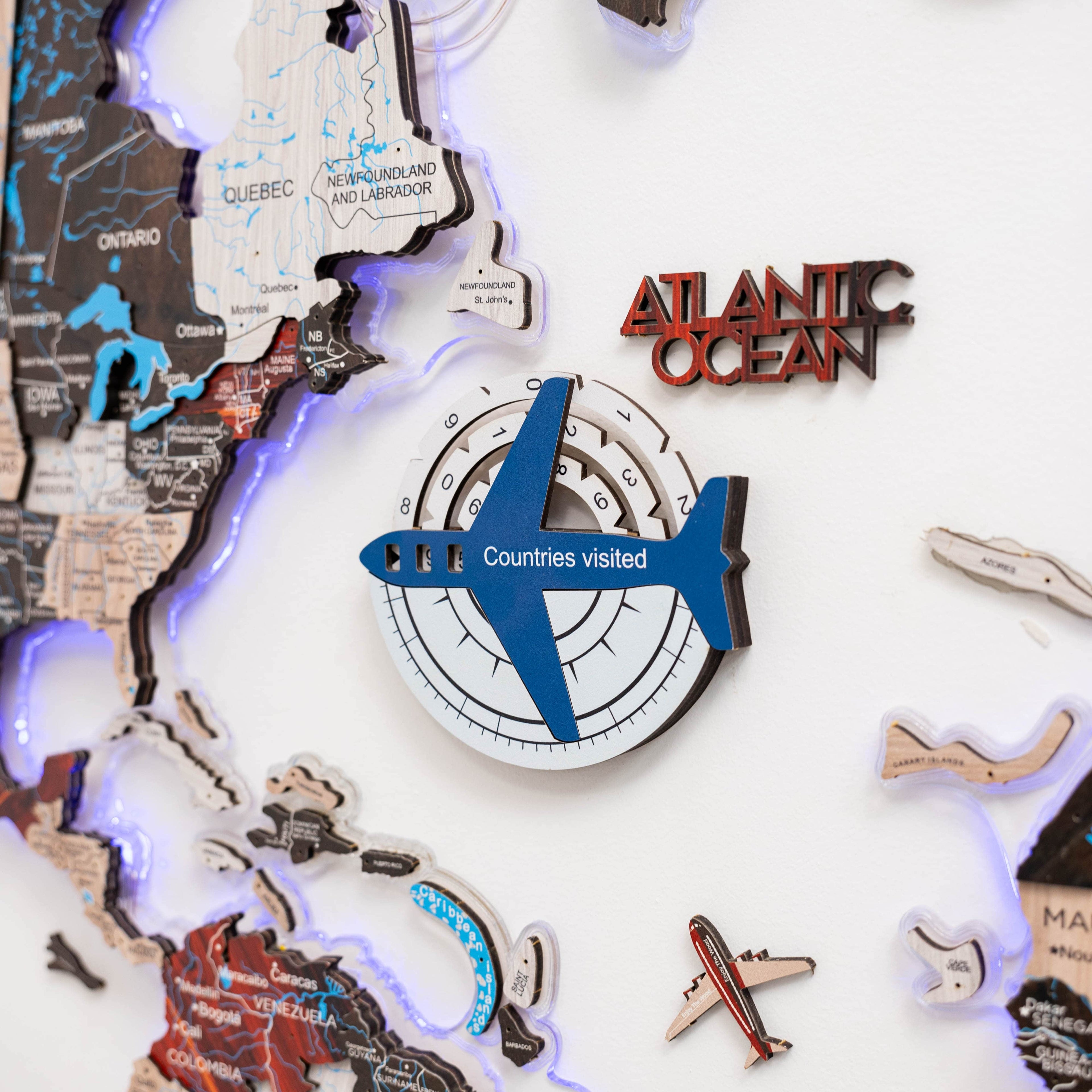 3D Colored Wooden World Map for Travel Tracking - Aqua