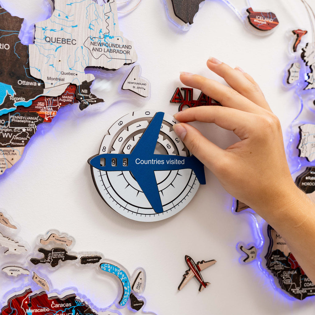 3D Colored Wooden World Map for Travel Tracking - Aqua