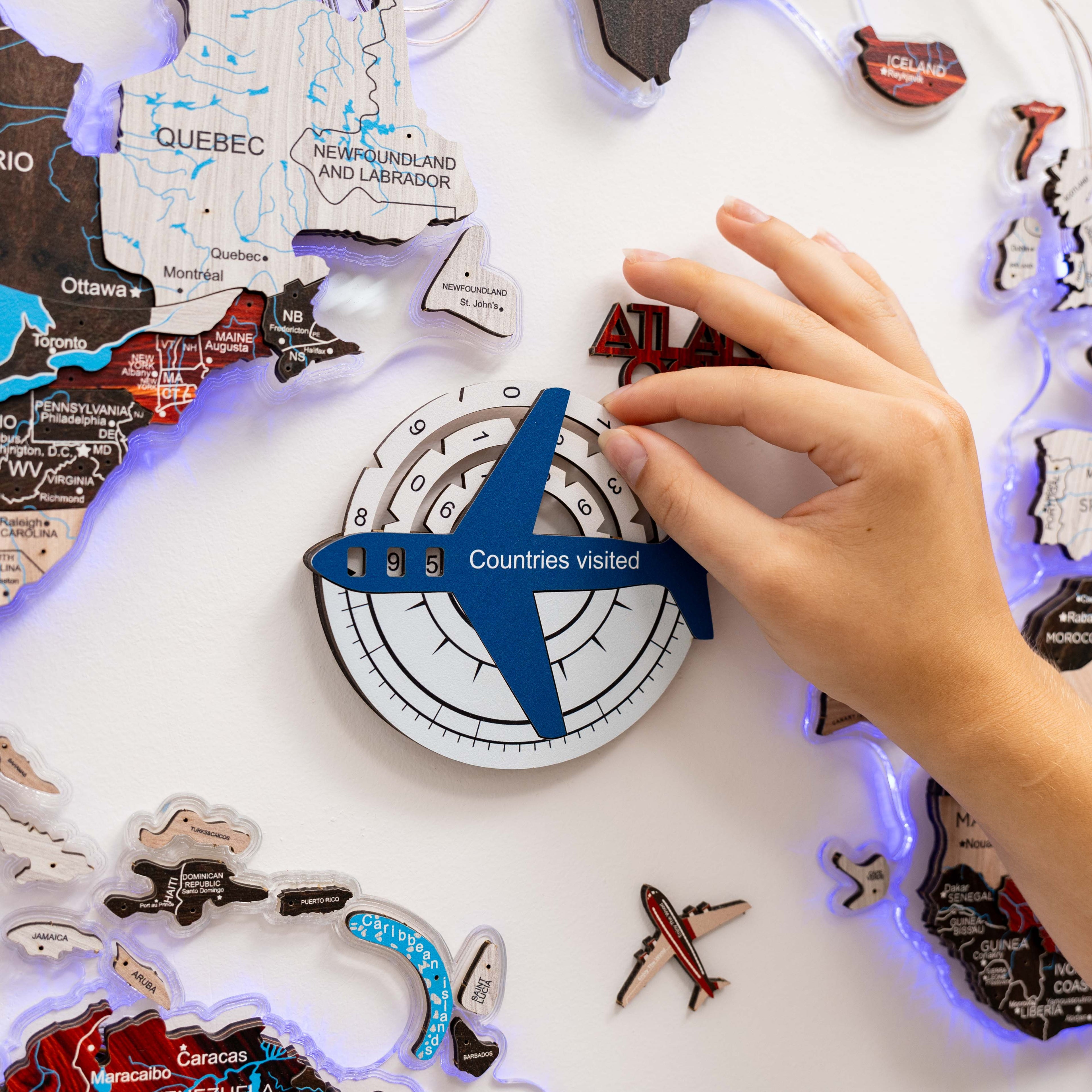 3D Colored Wooden World Map for Travel Tracking - Aqua