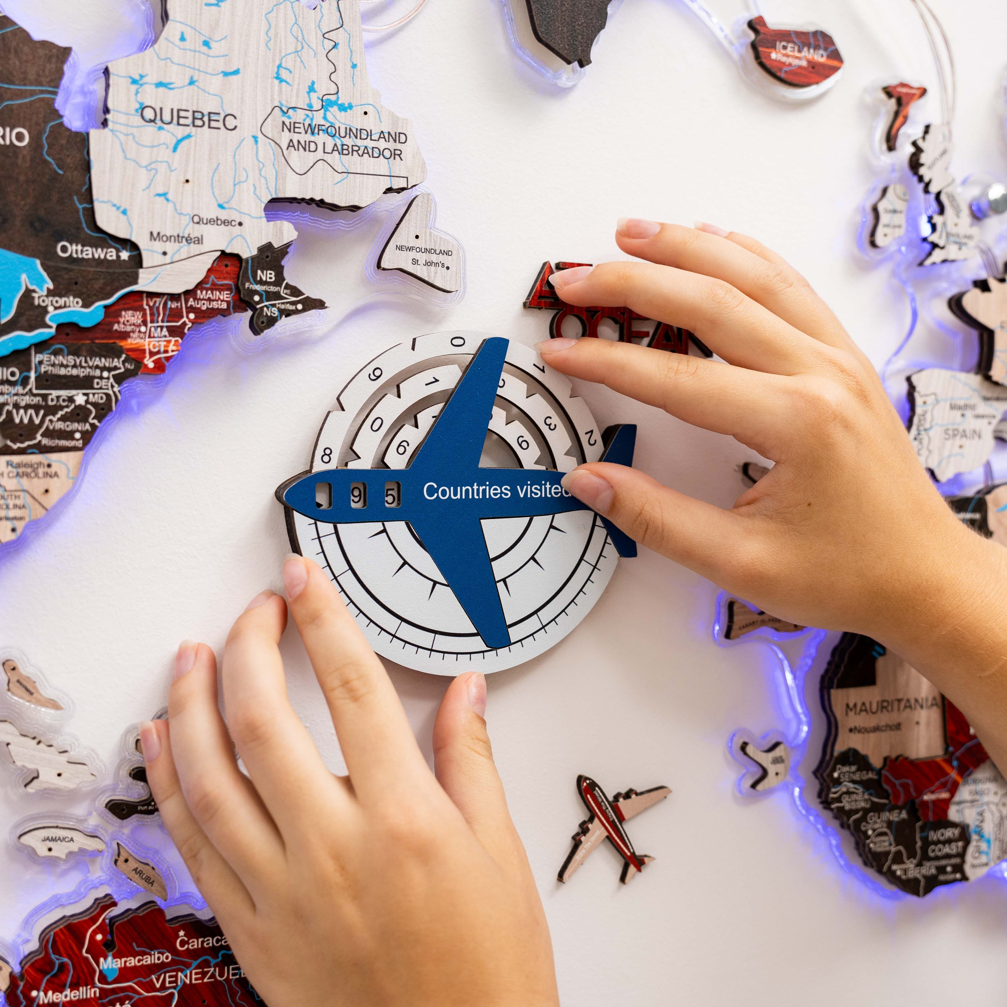 3D Colored Wooden World Map for Travel Tracking - Aqua
