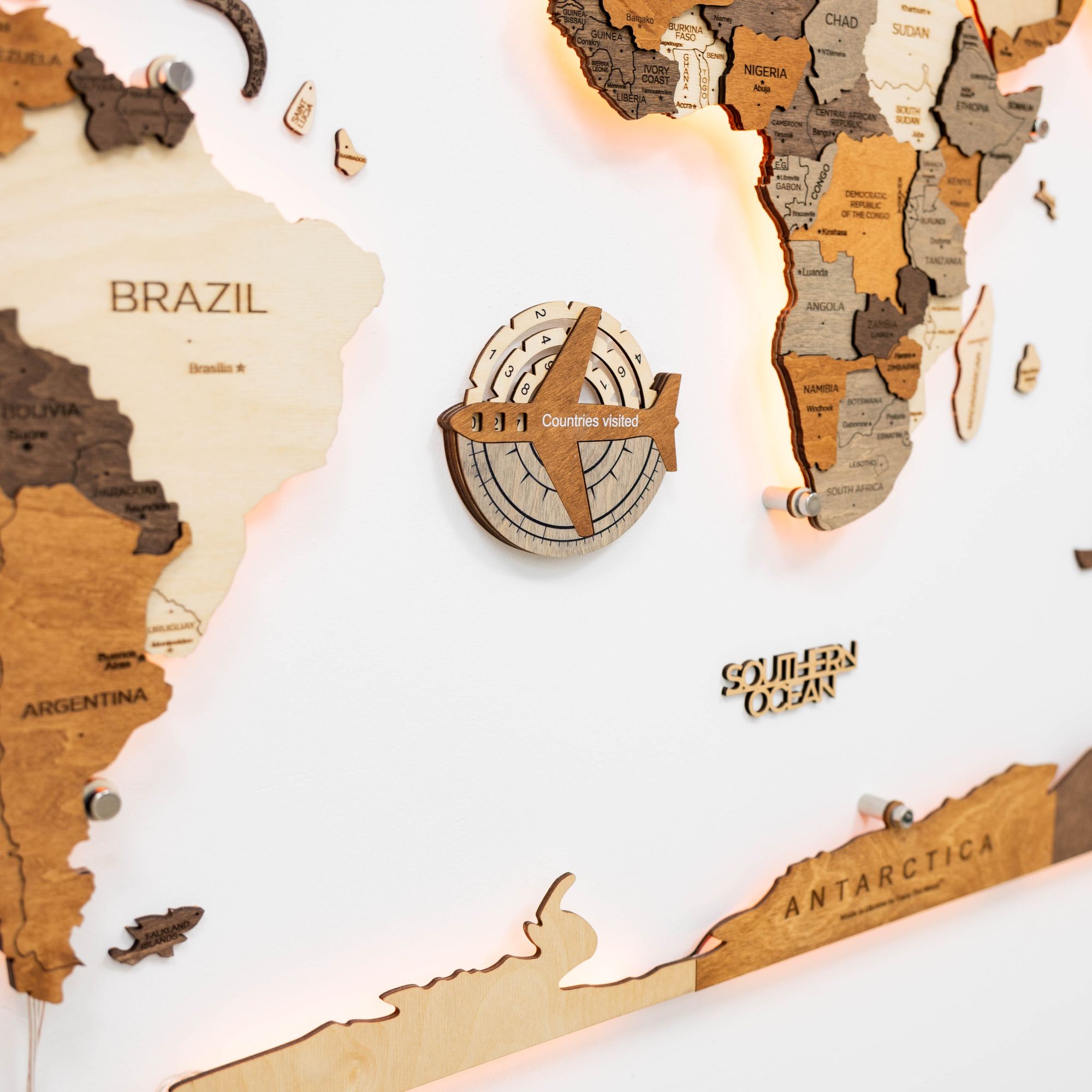 3D Wooden World Map Travel Tracker Modern Minimalist Wall Art