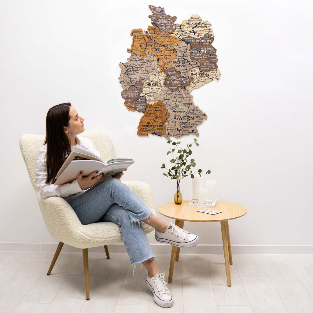 3D wooden Germany map in brown, tan, and beige tones with layered depth