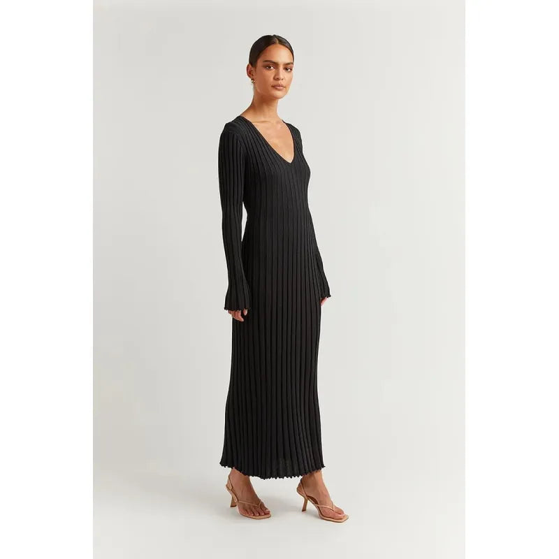 Women's Ribbed Knit Long Sleeve V-Neck Maxi Dress - Image 3