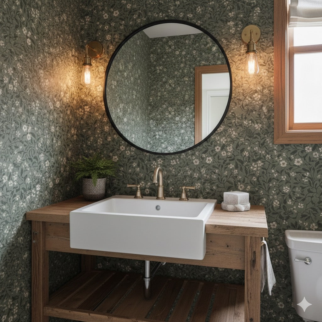Vallie floral wallpaper featuring sage green, off-white, and beige colors