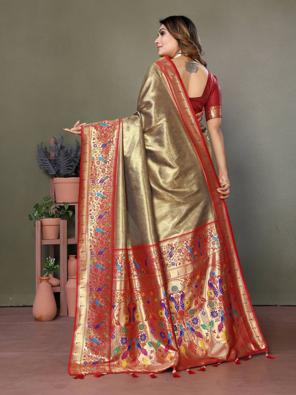 Gold Tissue Silk Paithani Woven Saree with Maroon Blouse Piece