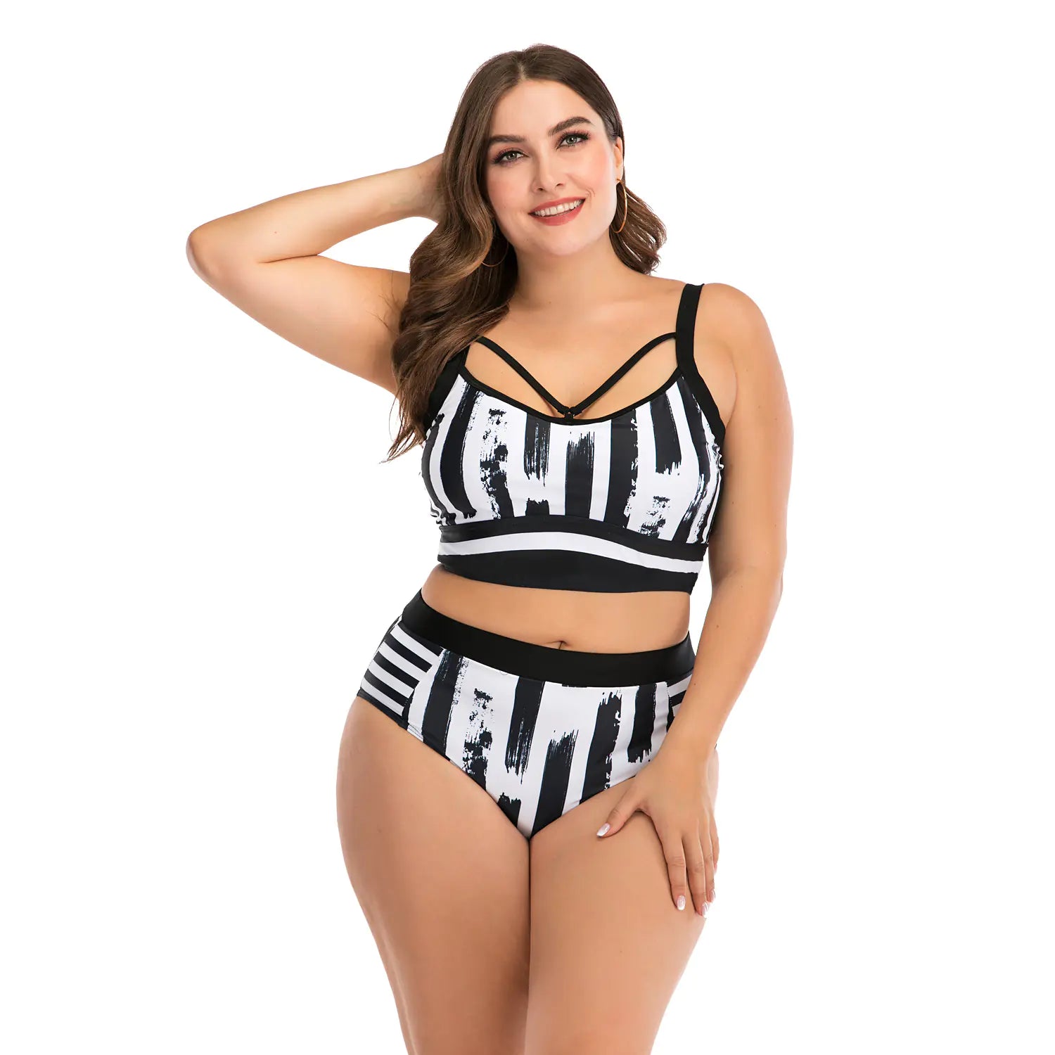 Women's Black and White Printed High Waist Bikini Swimsuit - Image 8