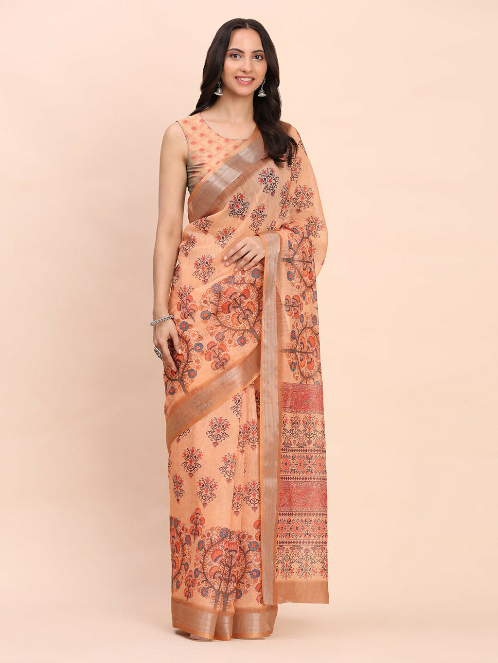 Orange Linen Cotton Saree with Matching Blouse Piece