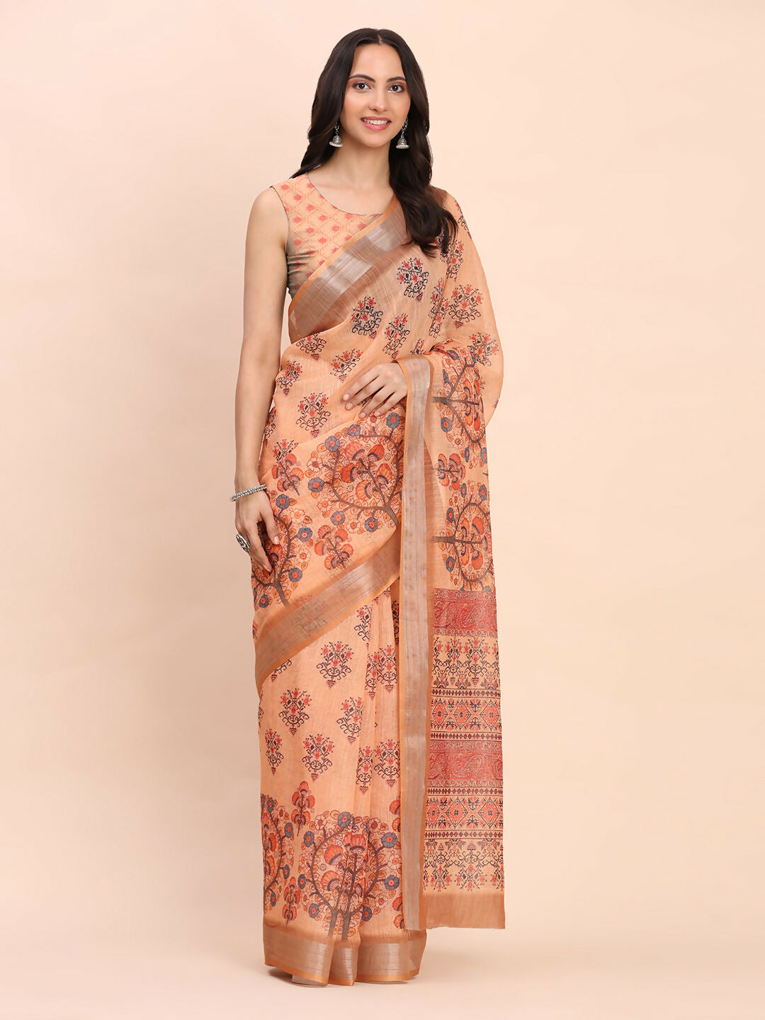 Orange Linen Cotton Saree with Matching Blouse Piece