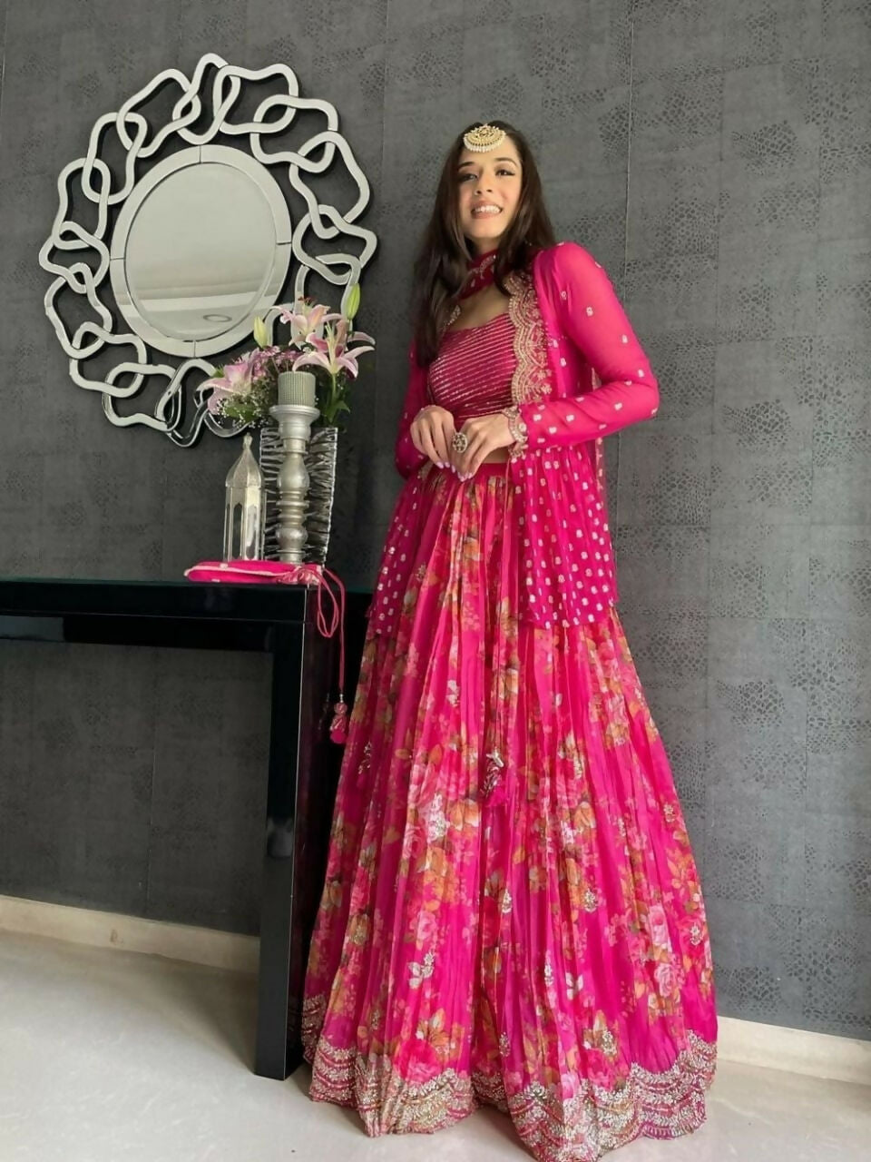 Pink Georgette Lehenga Choli with Jari and Sequin Embroidery