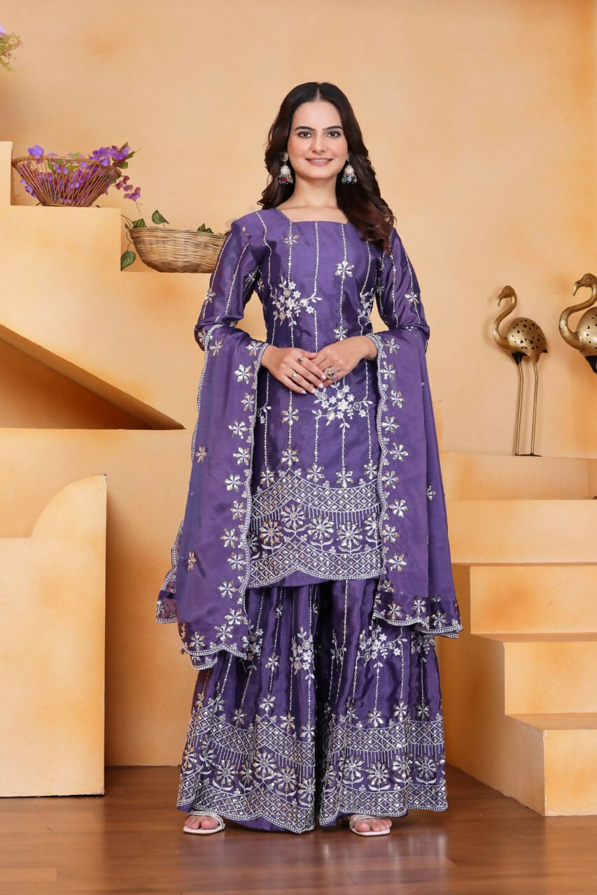 Purple Silk Embroidered Sharara Set featuring luxurious texture and embroidery