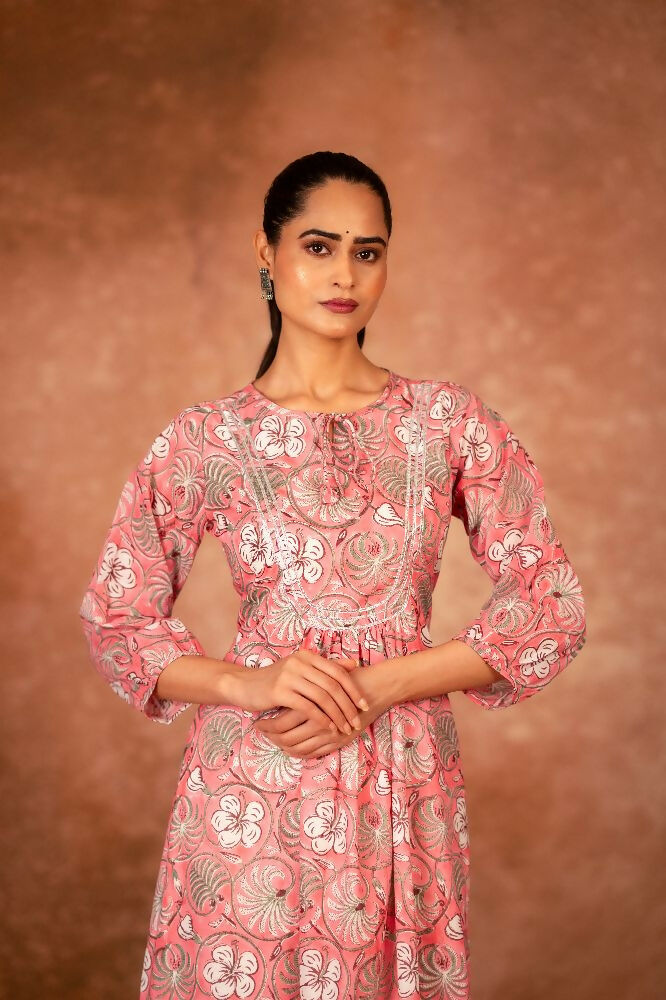 Pink Floral Hand Block Printed Cotton Kurta and Pant Set