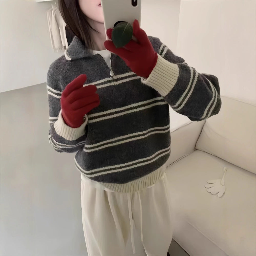 Women's Half-Zip Striped Sweater Turn-Down Collar Knit Pullover - Image 4