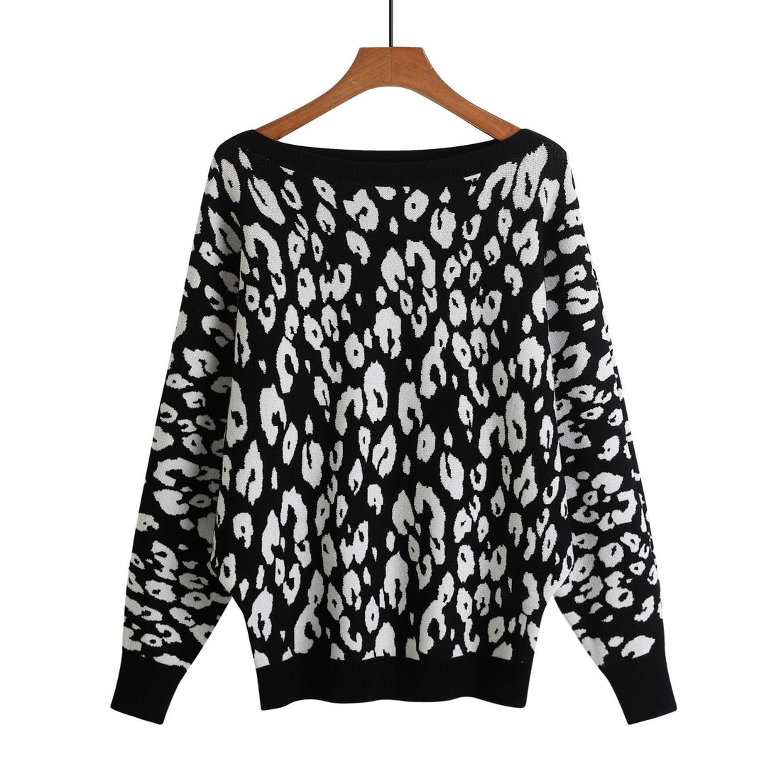Women's Leopard Print Slash-Neck Bat Sleeve Knit Sweater - Image 10