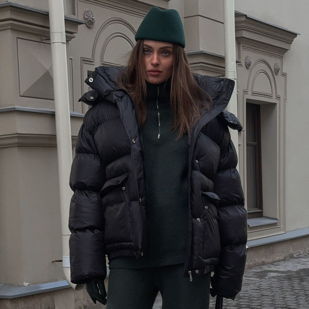Warm Hooded Puffer Jacket for Women with Square Pockets - Image 2