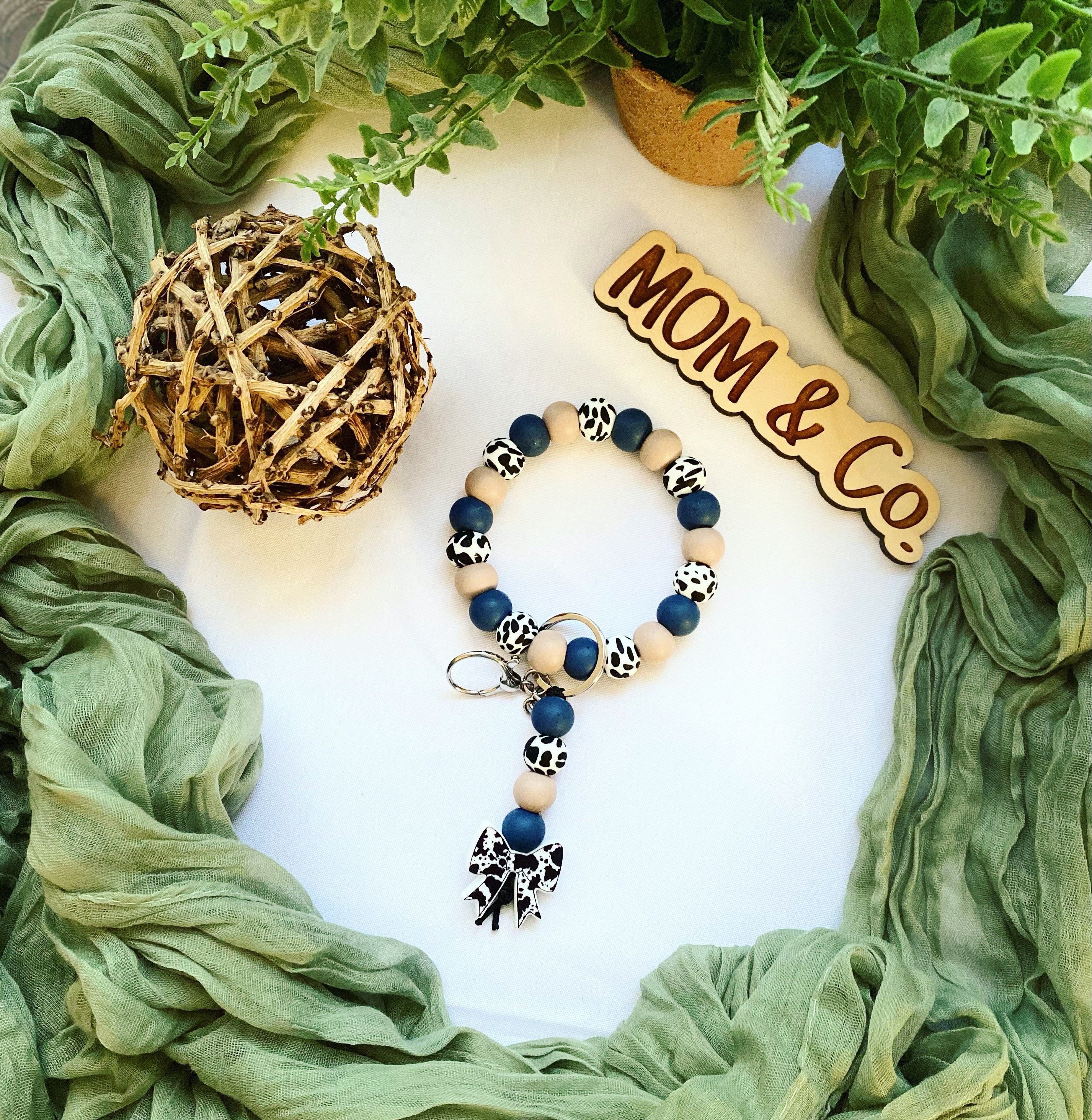 Navy Blue Cowprint Bead Wristlet